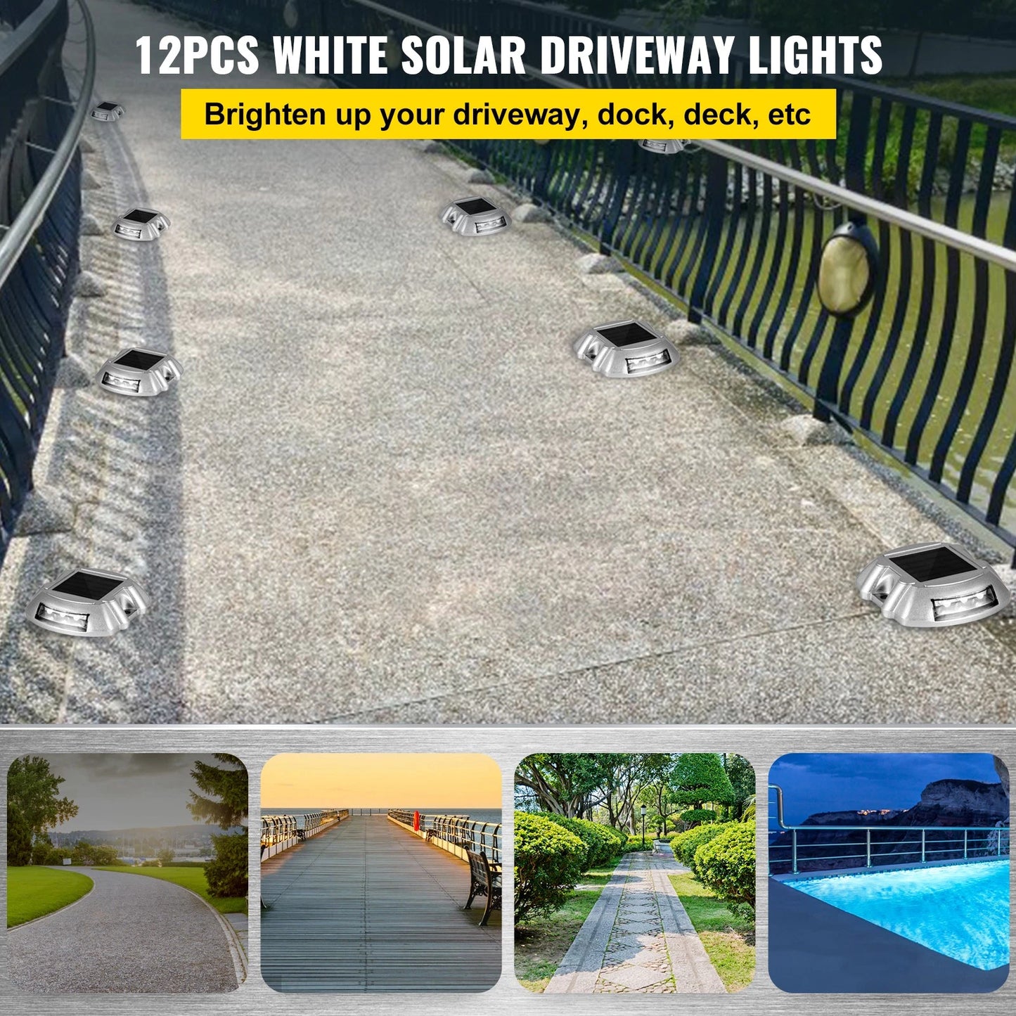 12 Pcs Solar Driveway Lights, IP68 Dock Light w/ Switch for Outdoor, White