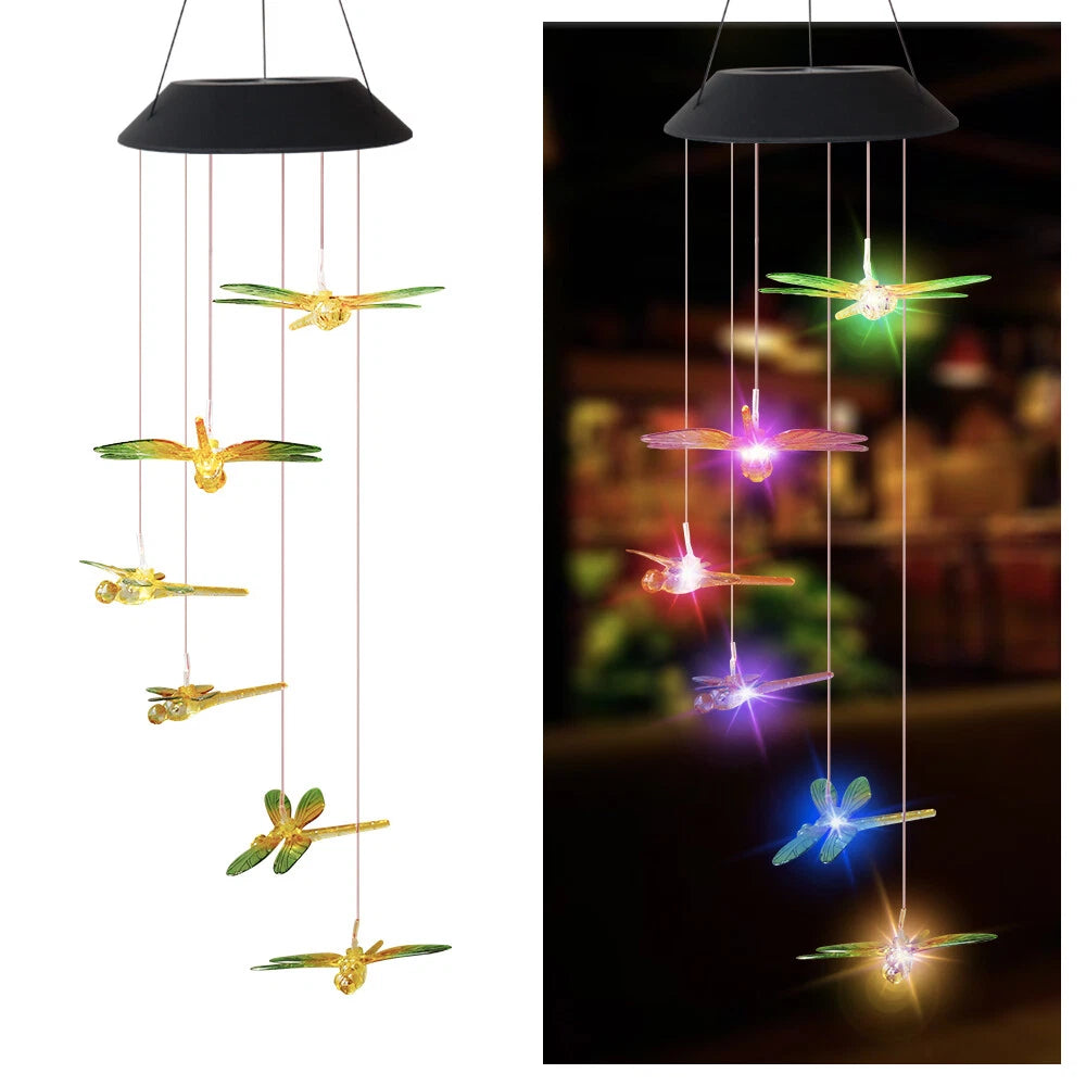 Color Changing LED Dragon Fly Solar Wind Chimes Home Garden Decor Lights Lamp