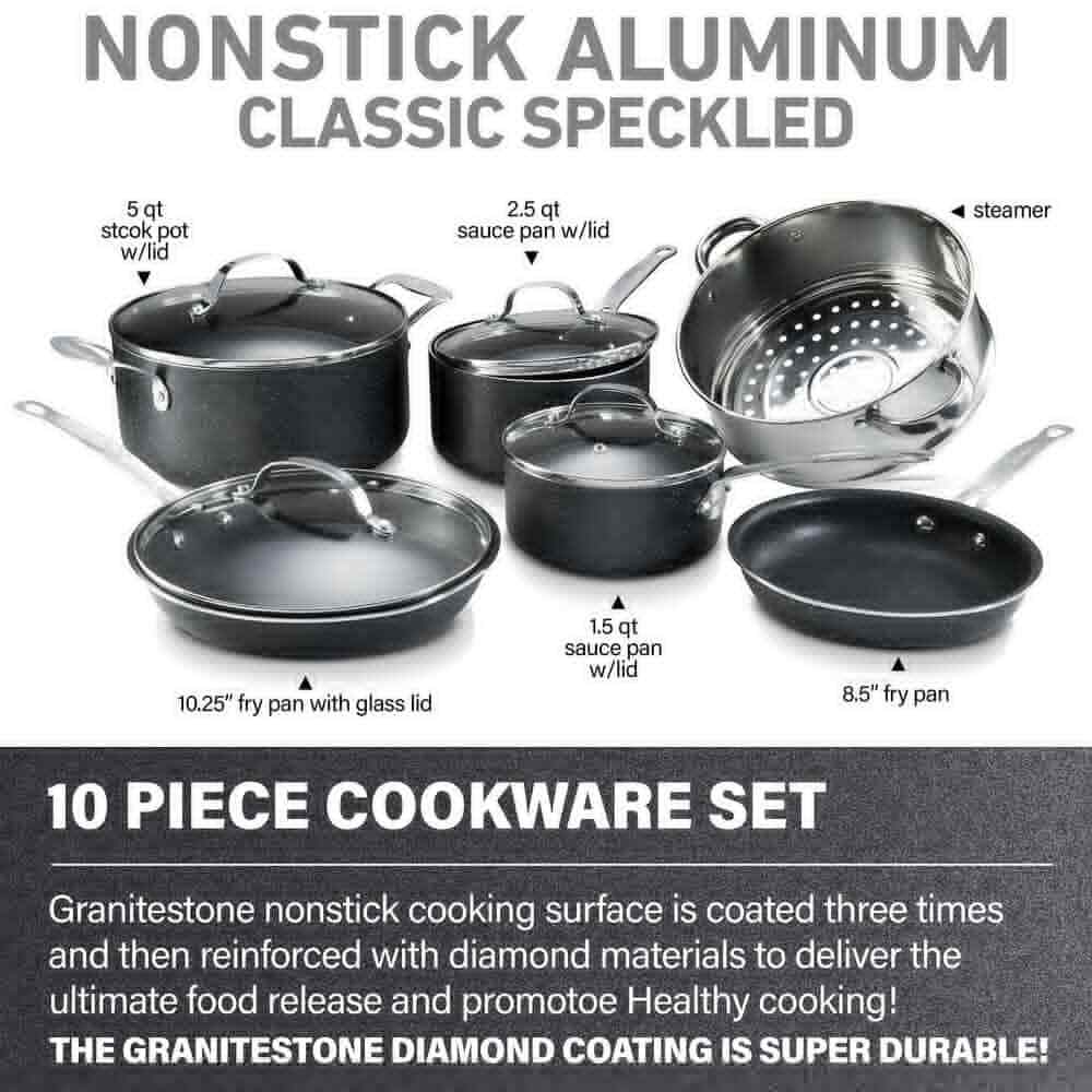 GraniteStone Cookware Set Aluminum Nonstick Diamond Infused Glass Lids 10-Piece