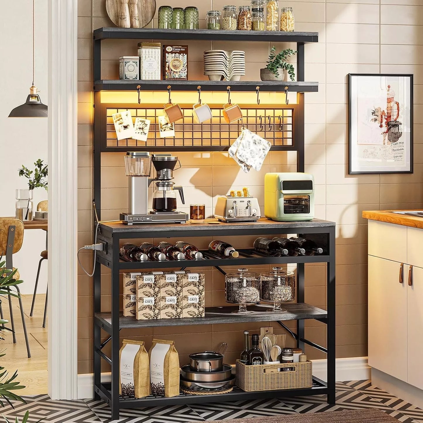 Bakers Rack with Power Outlet, 6-Tier Coffee Bar with Wine Rack and LED Lights