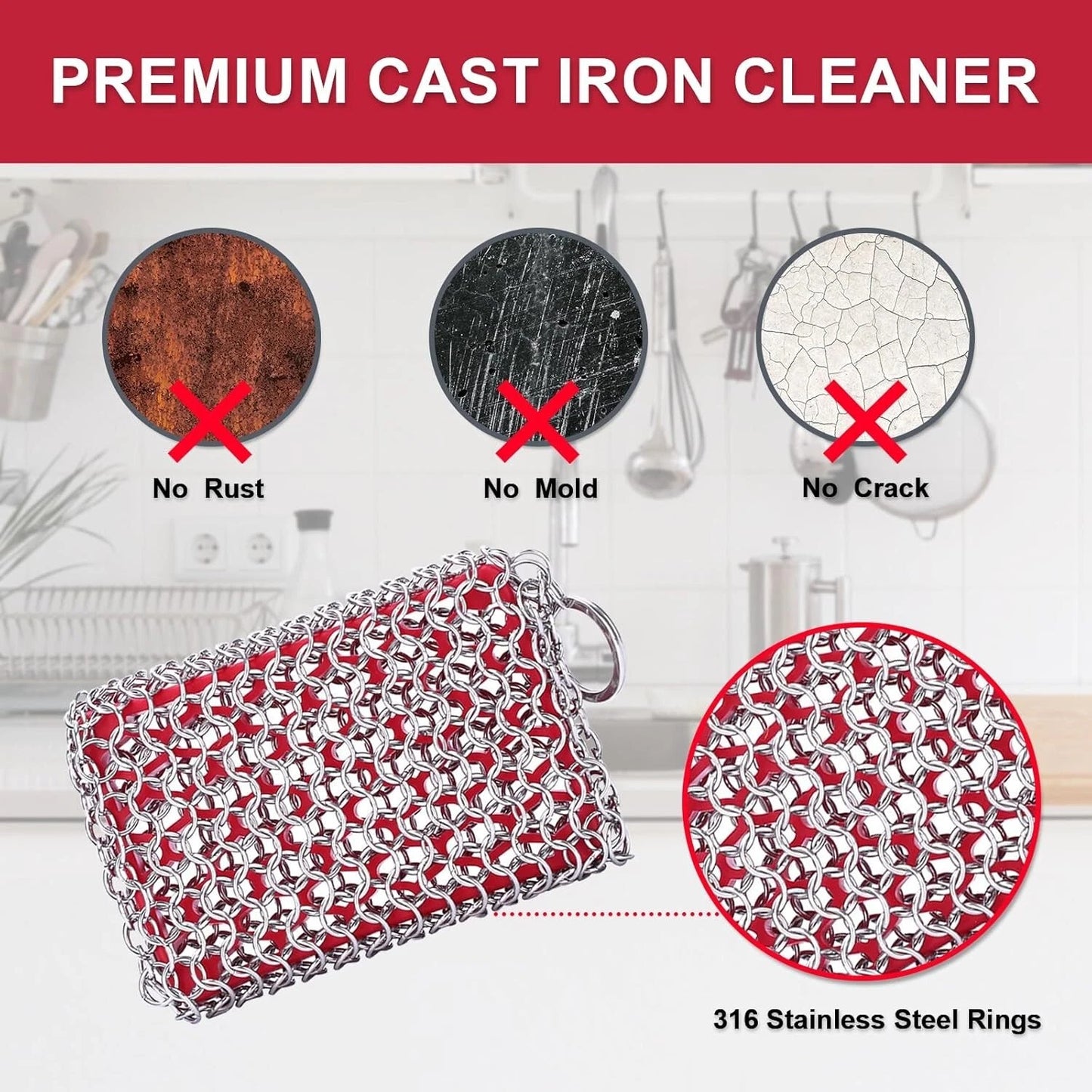 Cast Iron Scrubber, Chain Mail Scrubber with Silicone Insert, 316L Stainless Ste