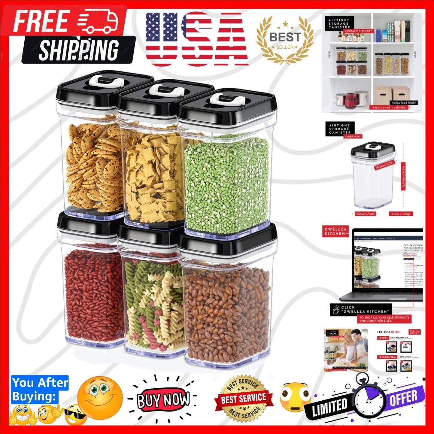 Airtight Food Storage Containers with Lids ? 6 Piece Set Air Tight Kitchen St...