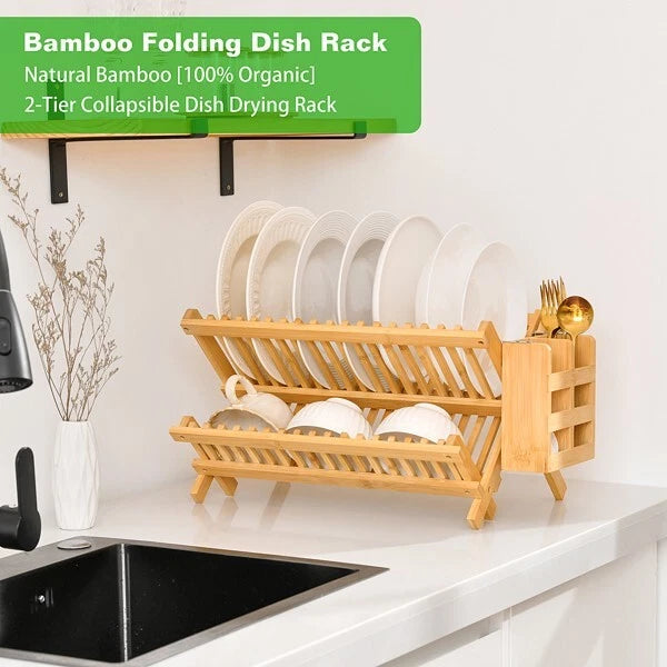 Wooden Dish Drying Rack Collapsible Compact Dish Rack Bamboo Dish Drainer