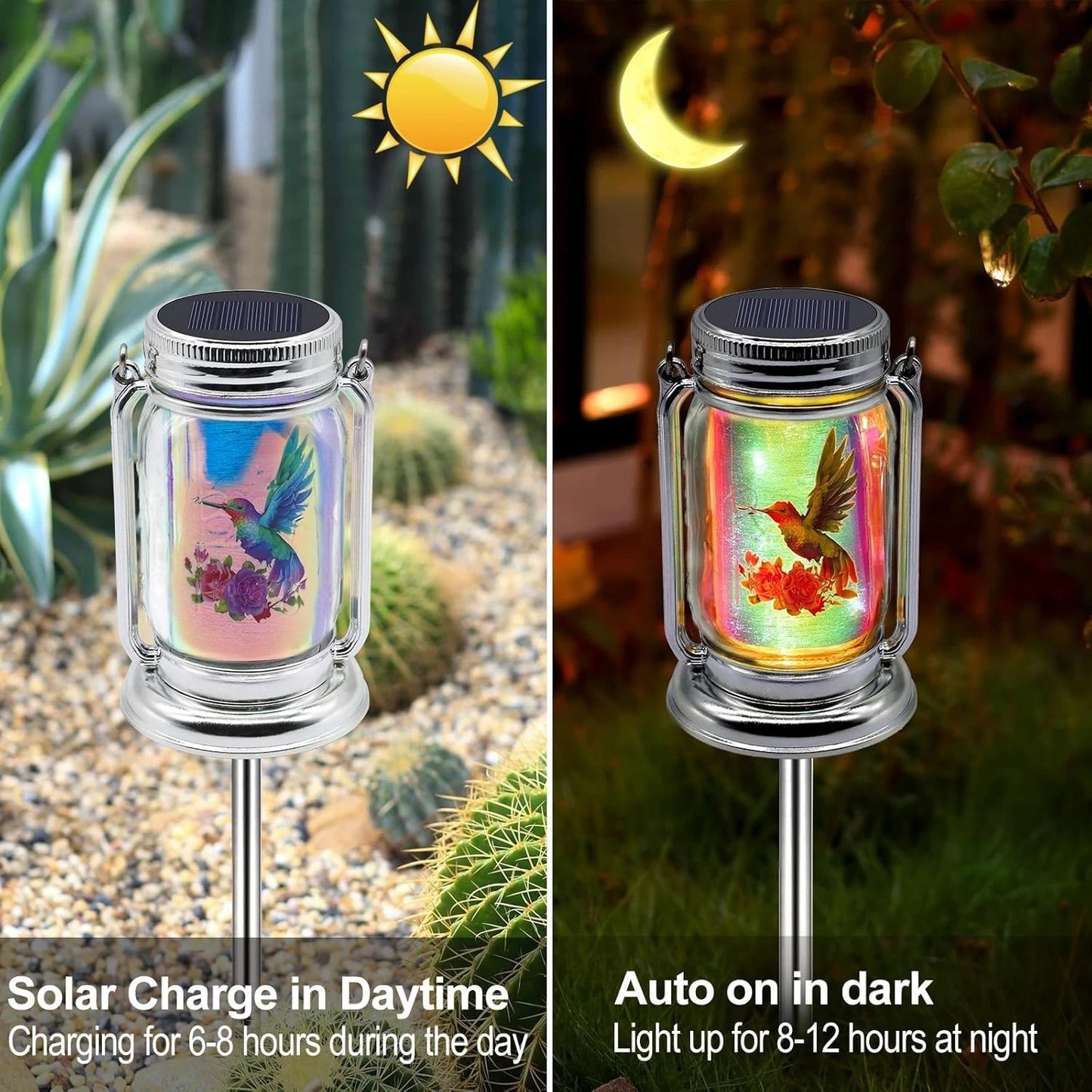 2 Pack Solar Hummingbird Lanterns - Adorable Garden Decor in Glass Jars