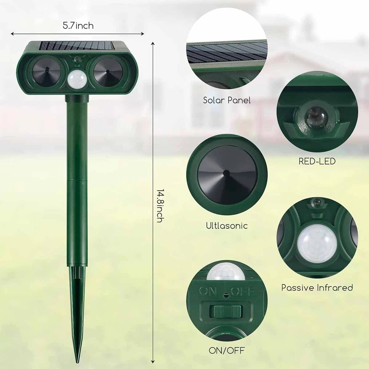 1-2 Pack Solar Ultrasonic Animal Repellent Dog Cat Skunk Deer Raccoon For Garden