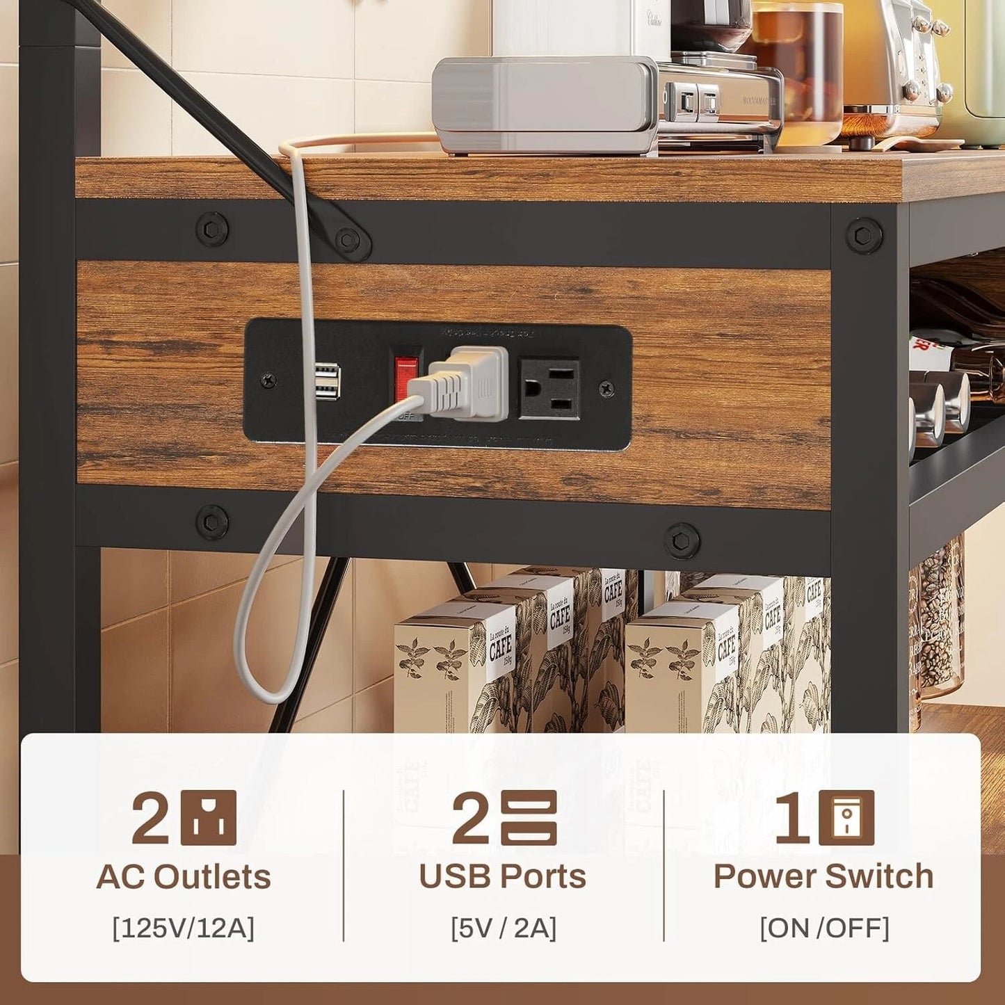 Bakers Rack with Power Outlet, 6-Tier Coffee Bar with Wine Rack and LED Lights