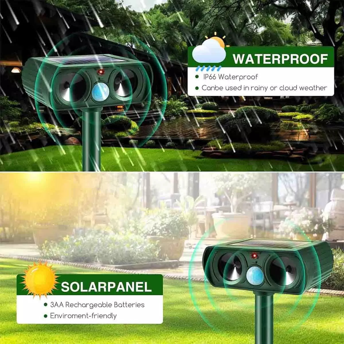 1-2 Pack Solar Ultrasonic Animal Repellent Dog Cat Skunk Deer Raccoon For Garden