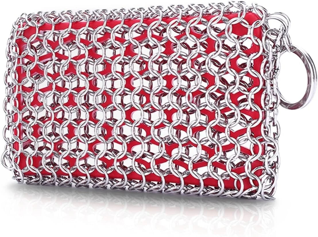 Cast Iron Scrubber, Chain Mail Scrubber with Silicone Insert, 316L Stainless Ste