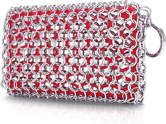 Cast Iron Scrubber, Chain Mail Scrubber with Silicone Insert, 316L Stainless Ste