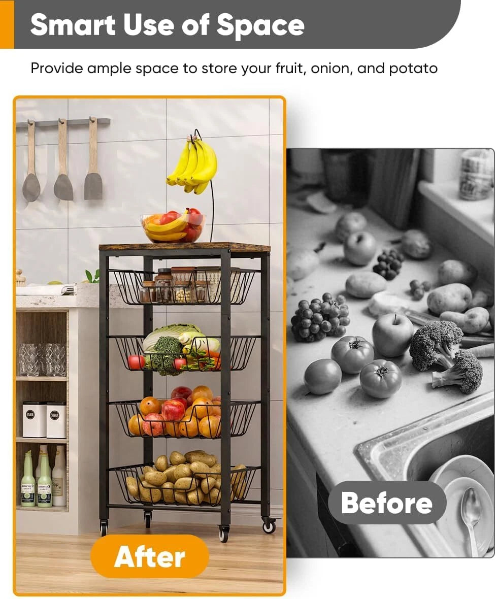 Kitchen Fruit & Vegetable Storage Cart, 5 Tier Vegetable Rack