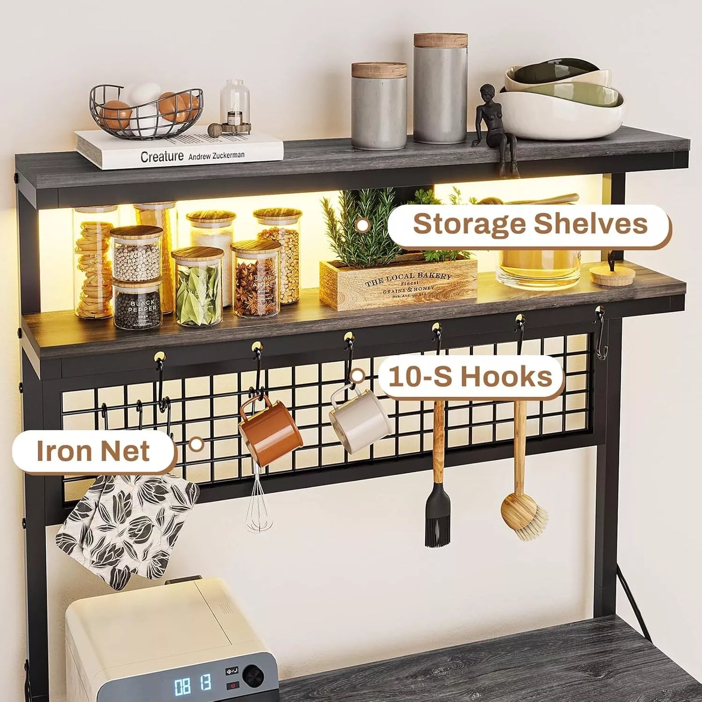 Bakers Rack with Power Outlet, 6-Tier Coffee Bar with Wine Rack and LED Lights