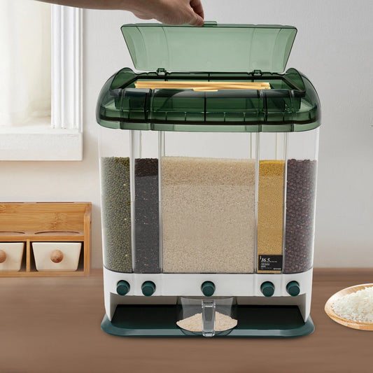5-Grid Cereal Dispenser Grain Container Rice Storage Dry Food Box Organizer