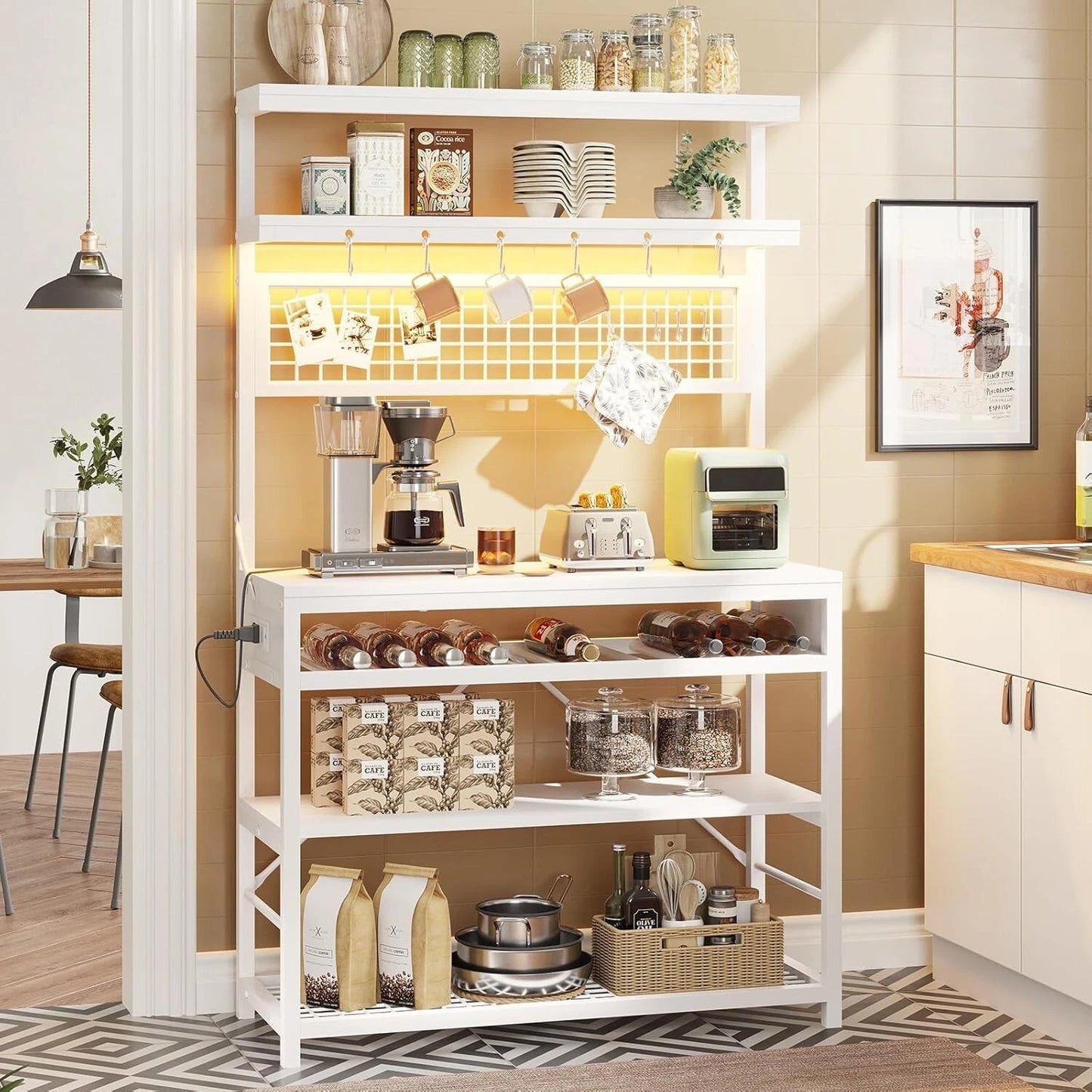 Bakers Rack with Power Outlet, 6-Tier Coffee Bar with Wine Rack and LED Lights