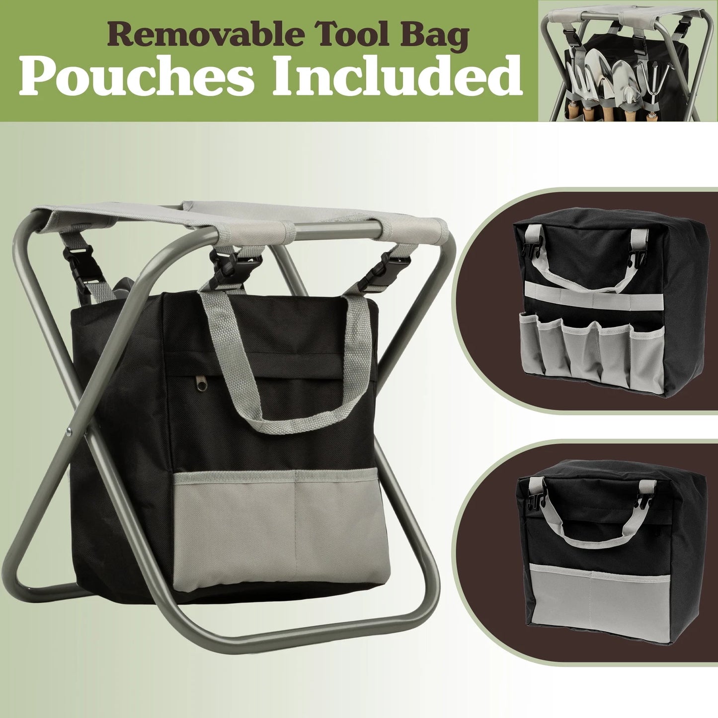 Gardening Tool Set, Garden Stool, and Carry Bag, Gray