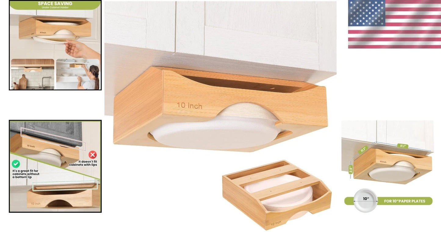 10-inch Paper Plate Dispenser, Under Cabinet Bamboo Plates Holder, Brown