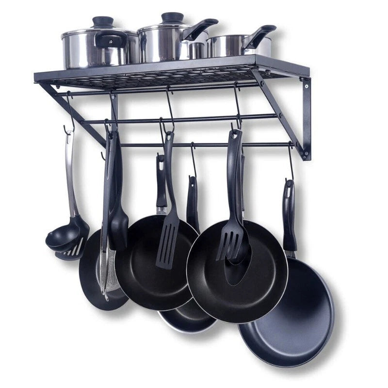 Pot Rack Wall Mounted 24 in Pot and Pan Hanging Rack&10 S Hooks 44 lbs Black US