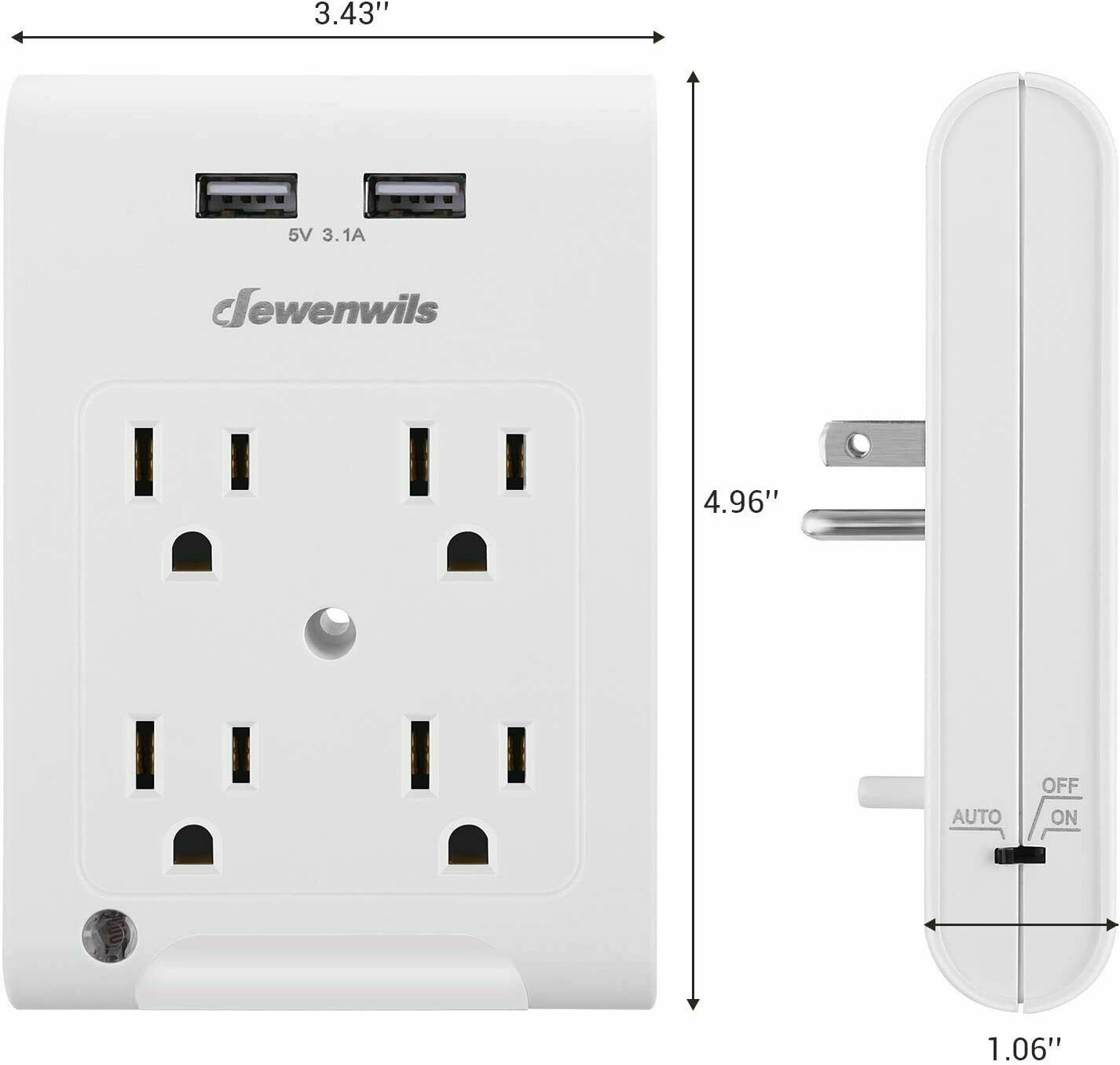 DEWENWILS Multi Plug Outlet Adapter 2 USB Charging Ports Light Sensor HOU402C