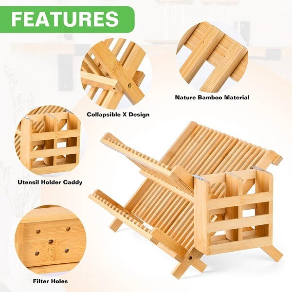 Wooden Dish Drying Rack Collapsible Compact Dish Rack Bamboo Dish Drainer