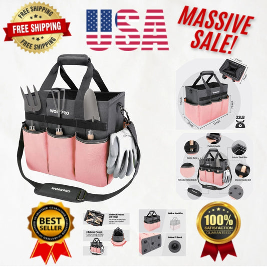 Multifunctional Gardening Tote Bag - Pink with 10 Pockets & Shoulder Strap