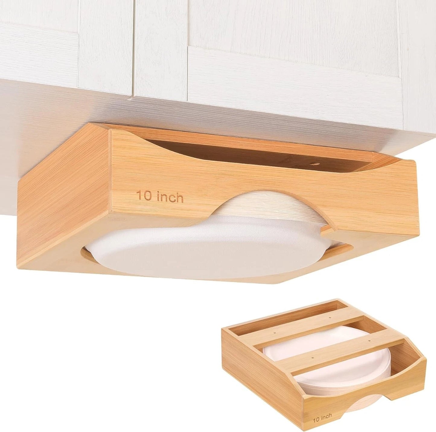 10-inch Paper Plate Dispenser, Under Cabinet Bamboo Plates Holder, Brown