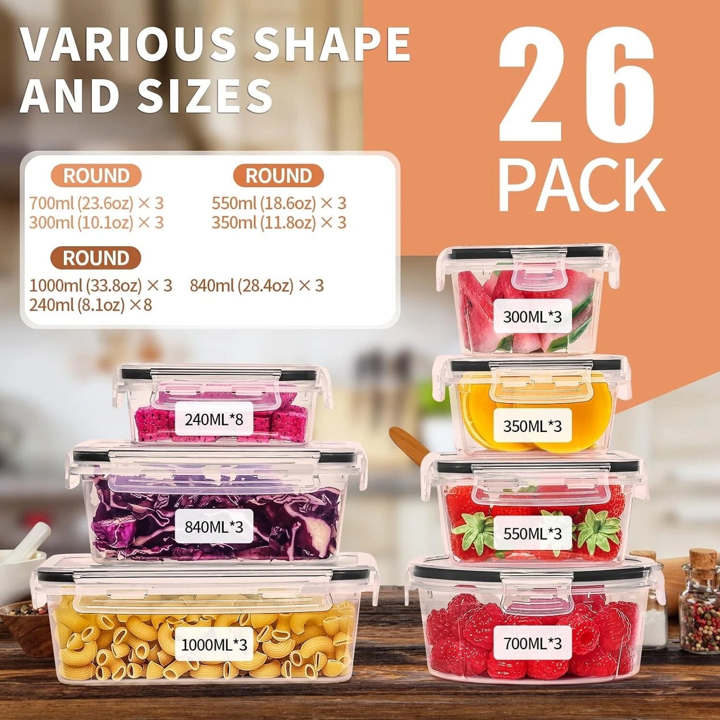 Airtight Leakproof 52 Pcs Airtight Food Storage Containers with Lids for Kitchen