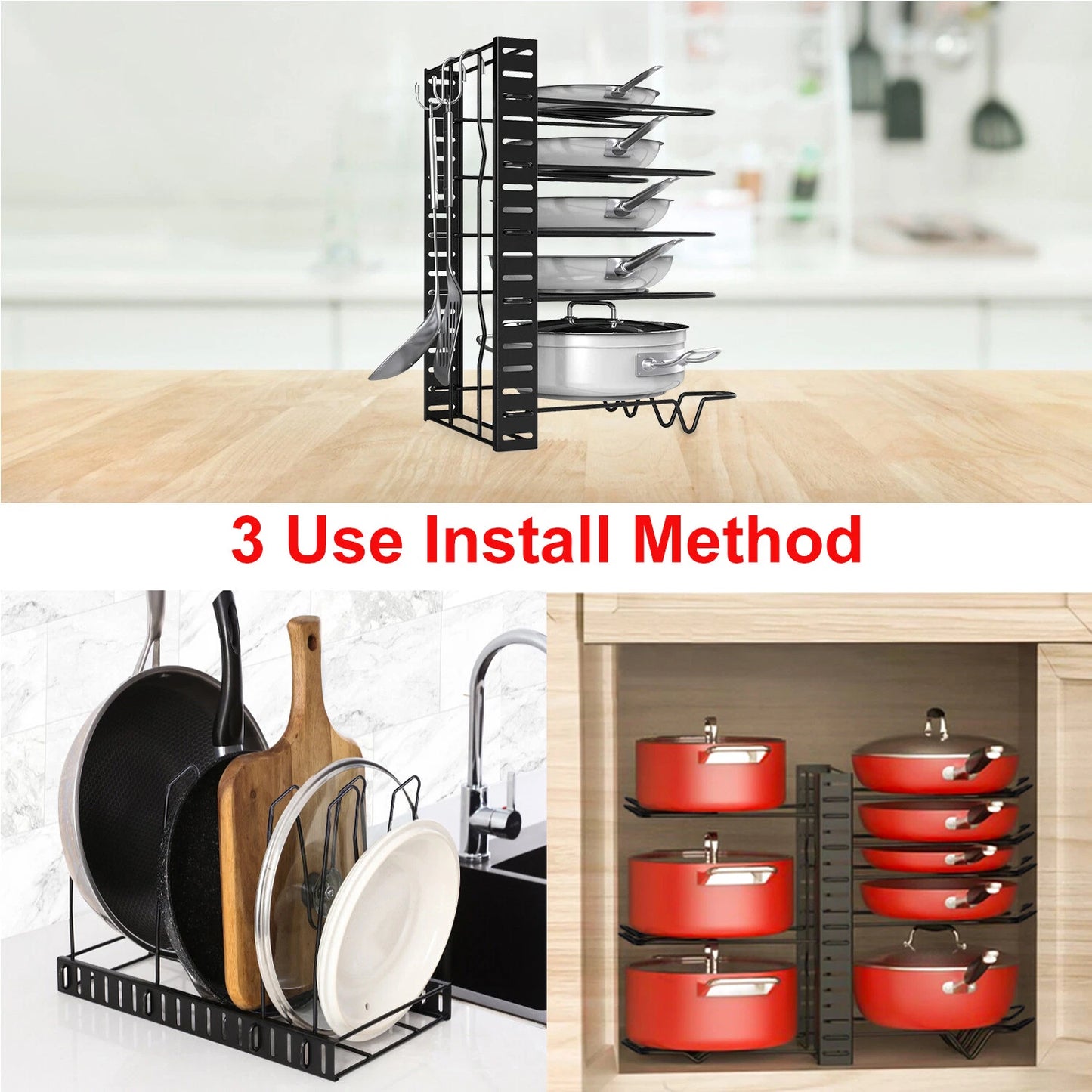Adjustable 8-Tier Pots and Pans Organizer Rack Pots Holder for Kitchen Cabinet