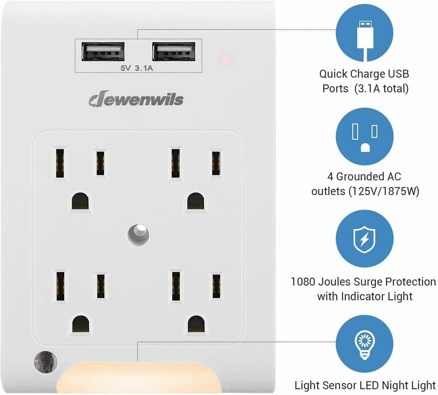 DEWENWILS Multi Plug Outlet Adapter 2 USB Charging Ports Light Sensor HOU402C