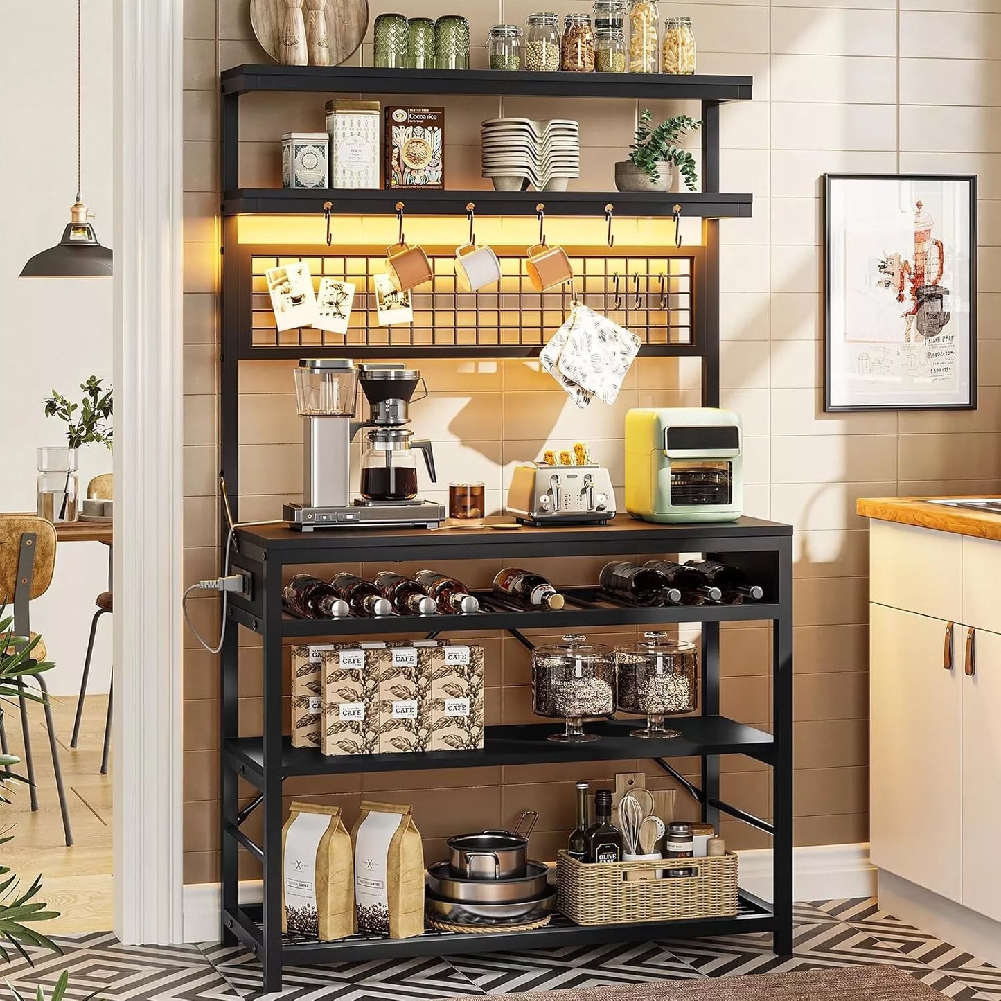 Bakers Rack with Power Outlet, 6-Tier Coffee Bar with Wine Rack and LED Lights