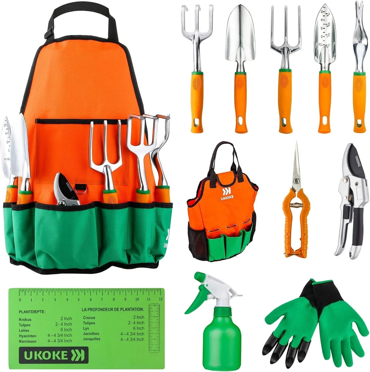 Ukoke 12 Piece Aluminum Garden Tools Set, Gardening Apron with Storage Pocket