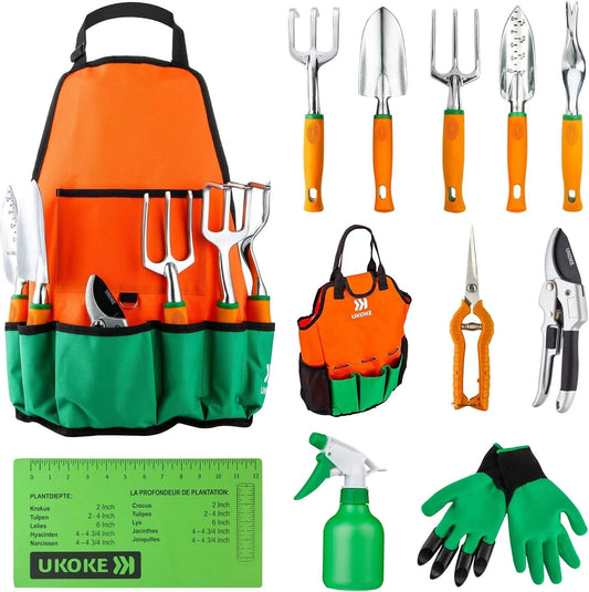 Ukoke 12 Piece Aluminum Garden Tools Set, Gardening Apron with Storage Pocket