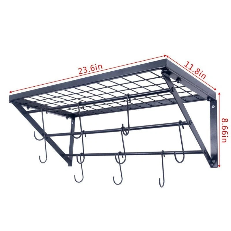 Pot Rack Wall Mounted 24 in Pot and Pan Hanging Rack&10 S Hooks 44 lbs Black US