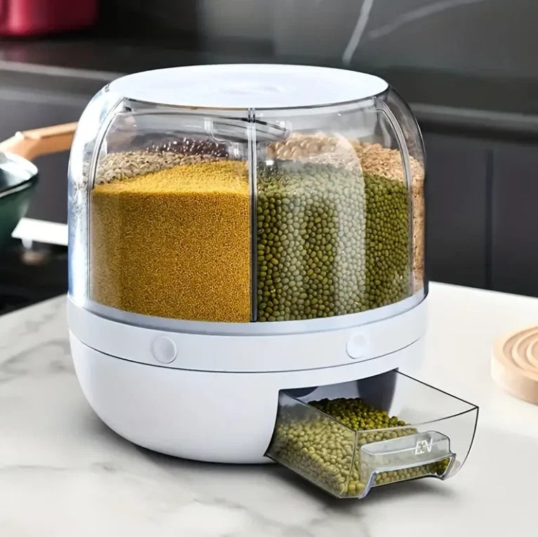 6-Grid Rotating Rice Dispenser Dry Grain Food Storage Container Tank for Kitchen