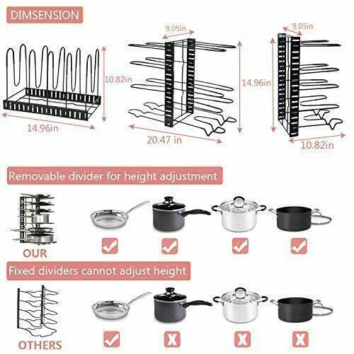 Adjustable 8-Tier Pots and Pans Organizer Rack Pots Holder for Kitchen Cabinet