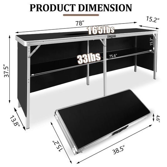 Massive 78"Portable Bar Table Folding Mobile Station With Oxford Black Skirt&Bag