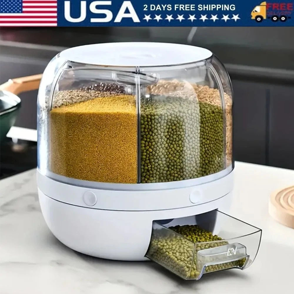 6-Grid Rotating Rice Dispenser Dry Grain Food Storage Container Tank for Kitchen