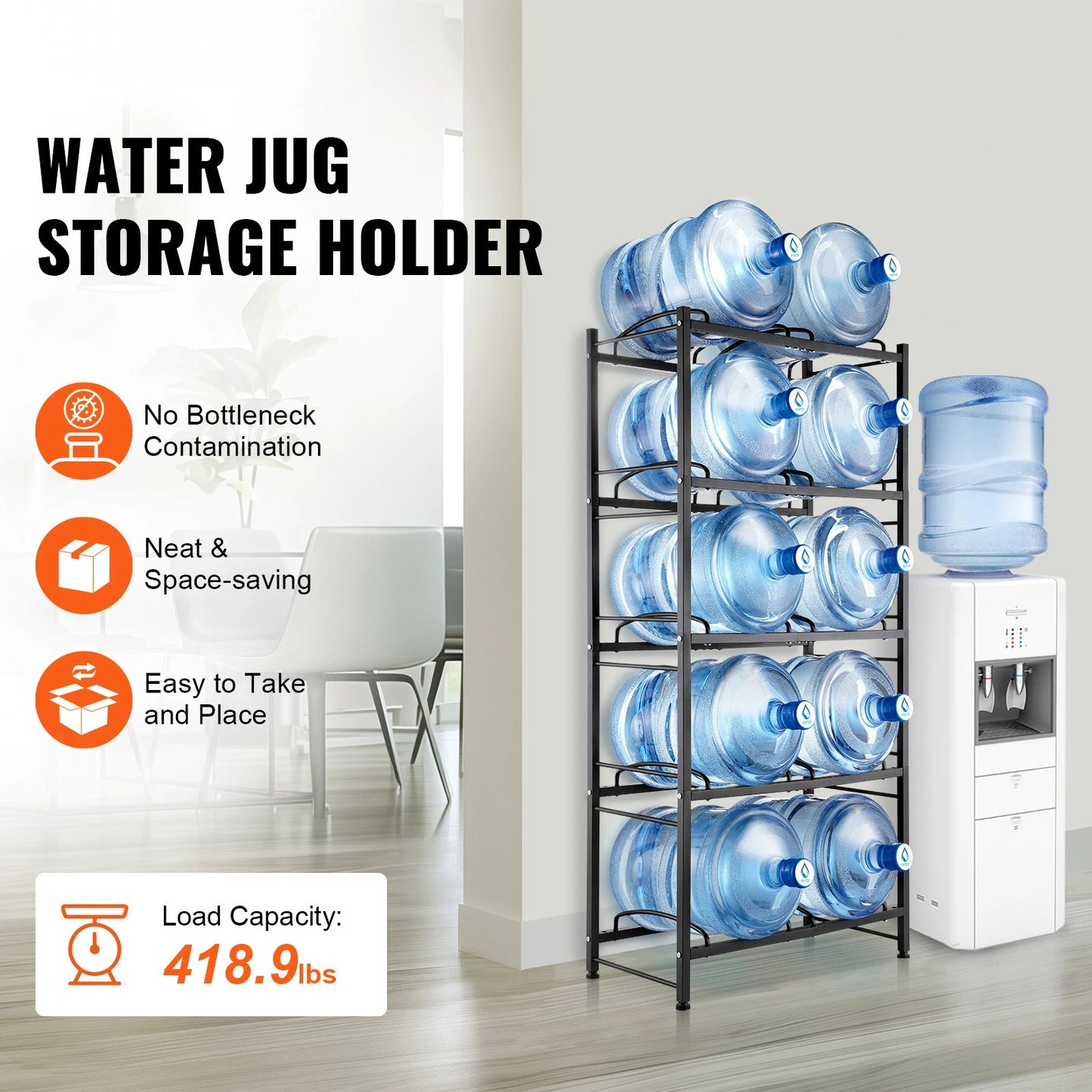 5-Tier Water Jug Holder Double Row Water Bottle Rack for 10 Bottles Black