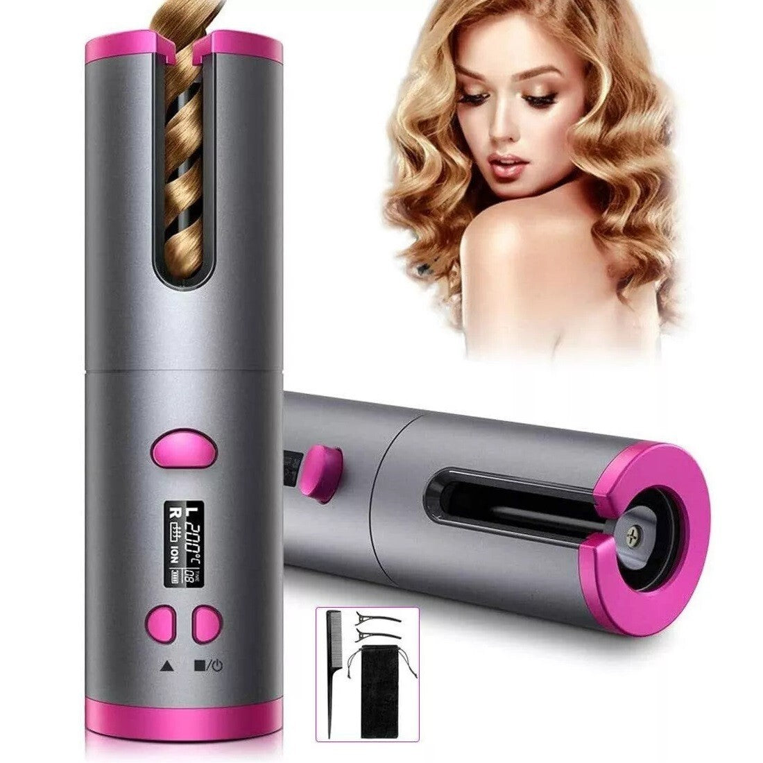 Wireless Rechargeable Curler Ceramic Auto Rotating USB LED Hair Curling Machine