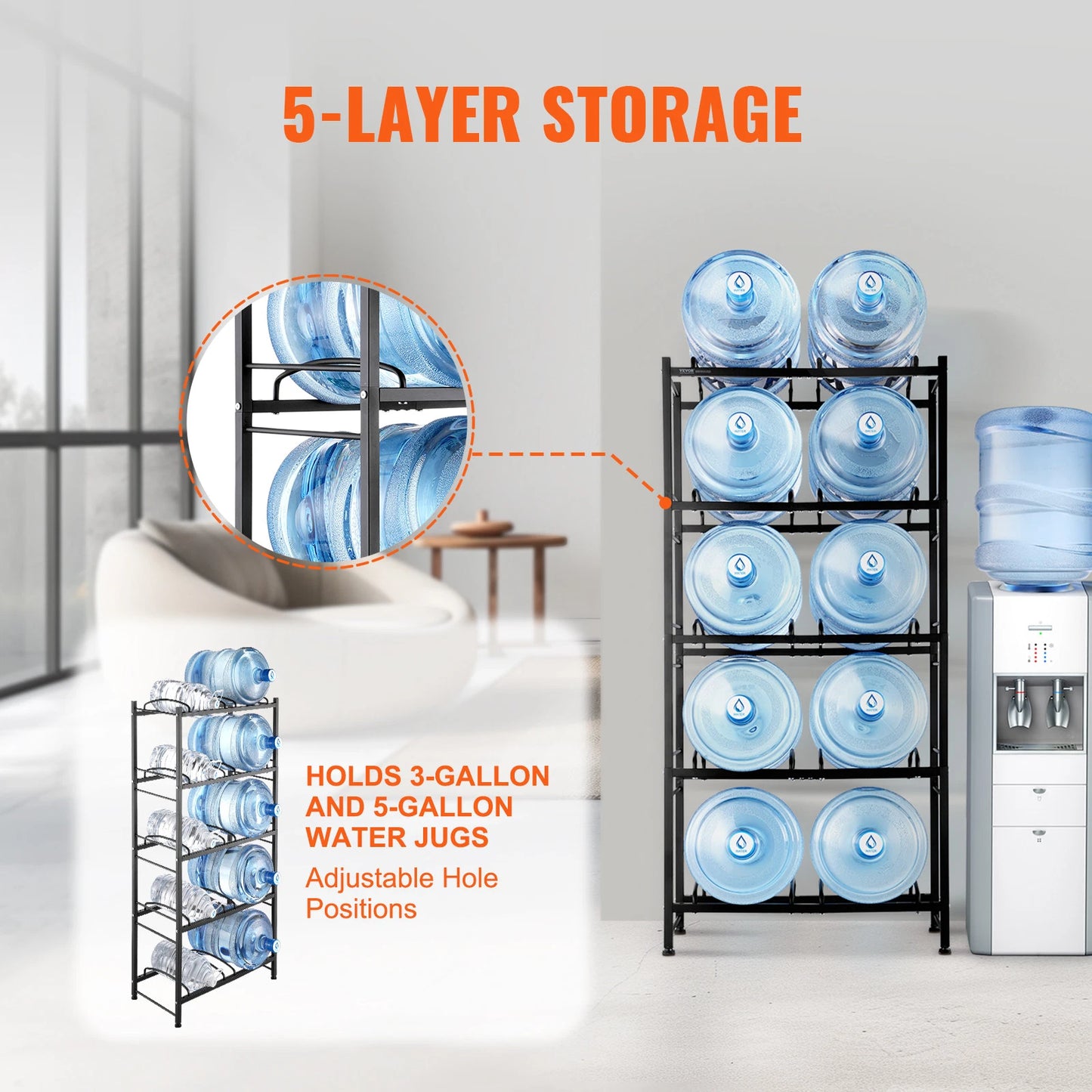 5-Tier Water Jug Holder Double Row Water Bottle Rack for 10 Bottles Black