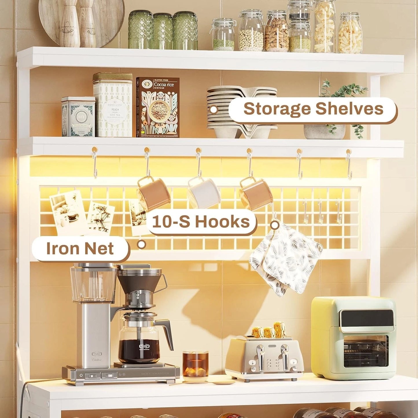 Bakers Rack with Power Outlet, 6-Tier Coffee Bar with Wine Rack and LED Lights