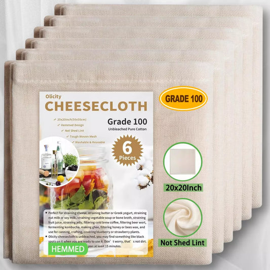Olicity Cheese Cloth, Grade 100, 20x20Inch Hemmed Cheesecloth for Straining 6PCS - Picture 1 of 10