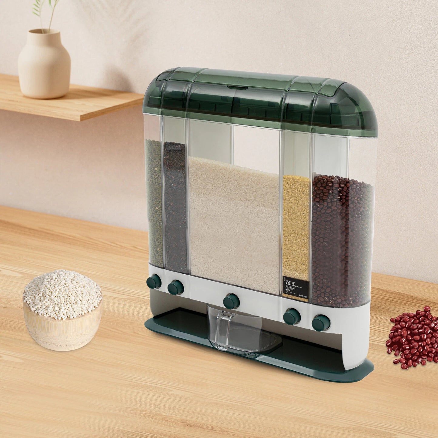 5-Grid Cereal Dispenser Grain Container Rice Storage Dry Food Box Organizer