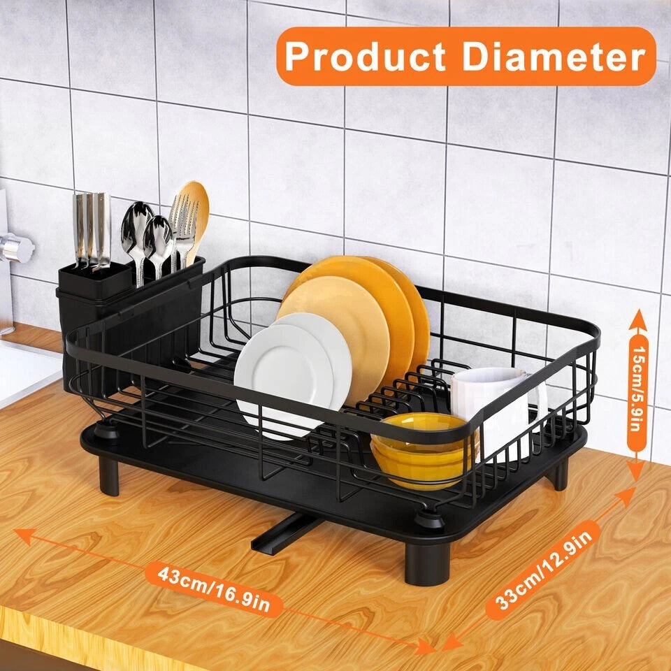 Stainless Steel Kitchen Dish Drying Rack w/ Utensil Holder & Drain Board Durable