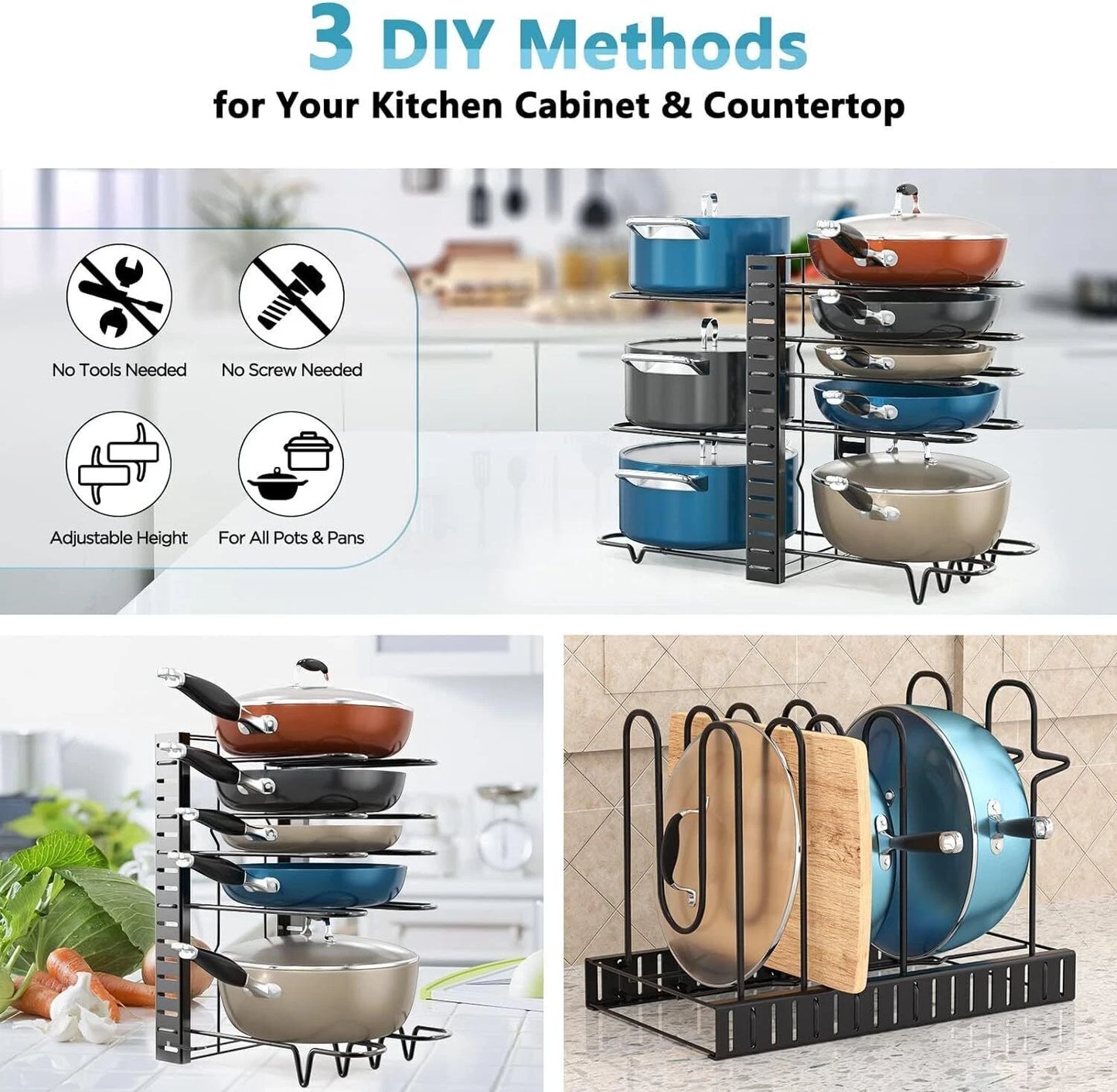 Adjustable 8-Tier Pots and Pans Organizer Rack Pots Holder for Kitchen Cabinet