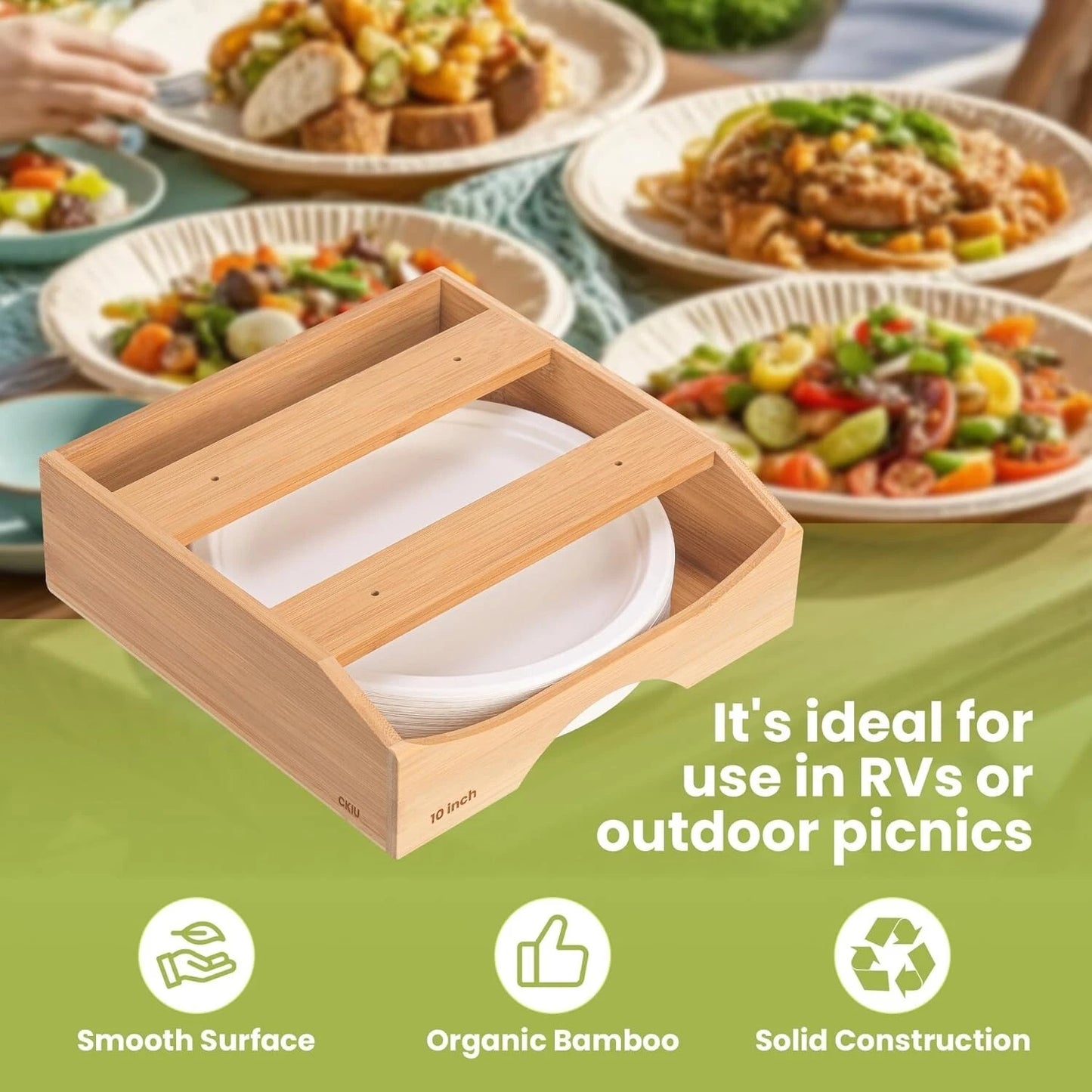 10-inch Paper Plate Dispenser, Under Cabinet Bamboo Plates Holder, Brown