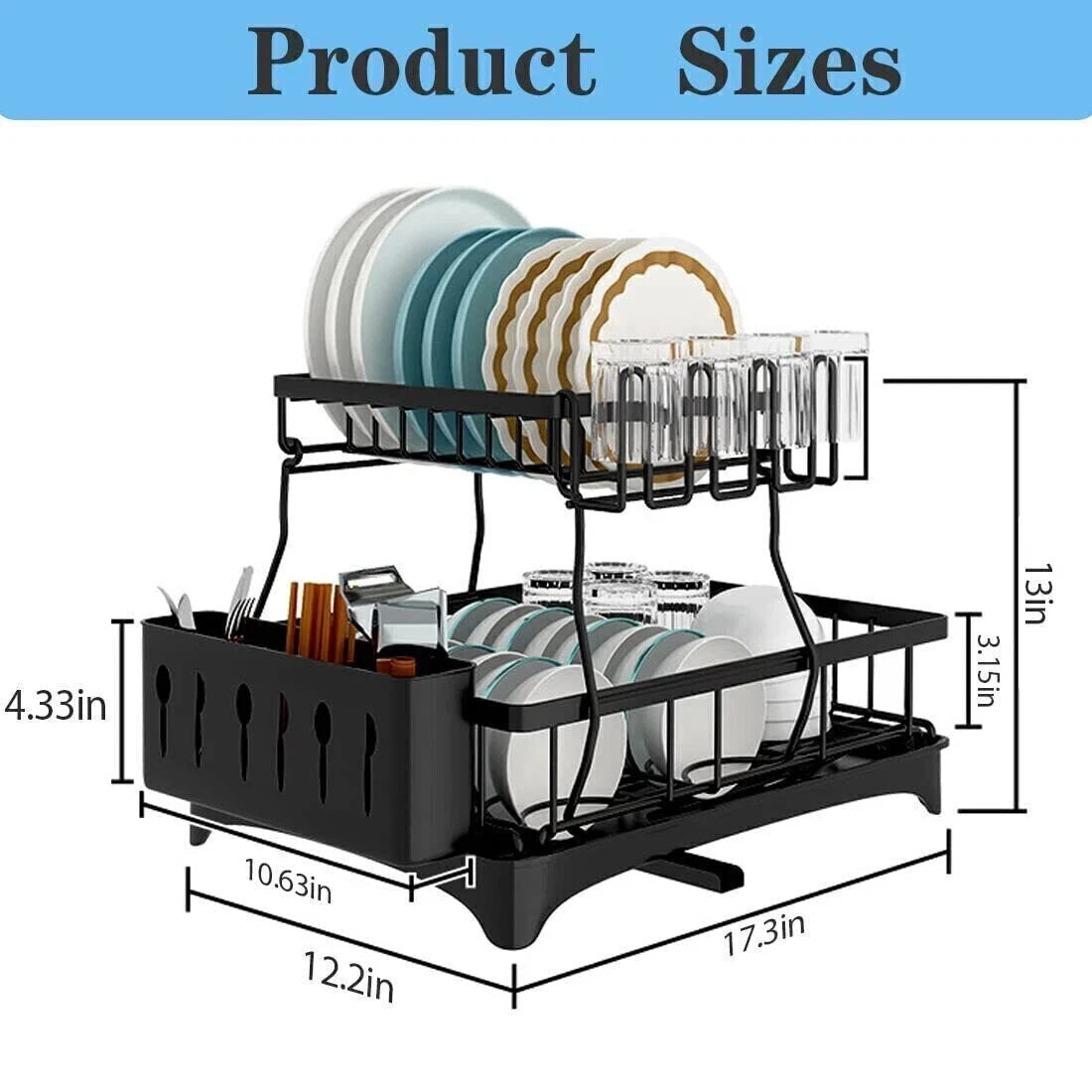 2 Tier Over The Sink Dish Drying Rack Stainless Steel Kitchen Dish Drainer Black