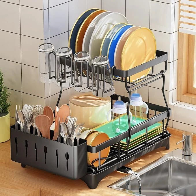 Dish Drying Rack - 2 Tier Dish Racks for Kitchen Counter with Drainboard