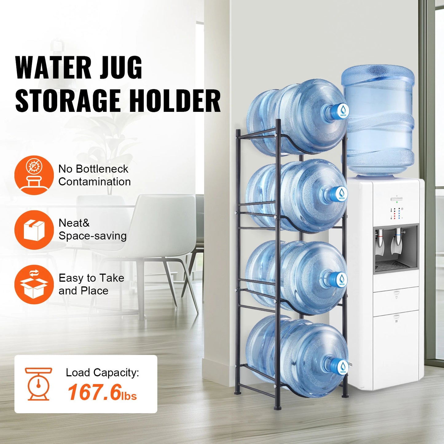 4 Tiers Water Jug Holder Single Row Water Bottle Rack for 4 Bottles Black