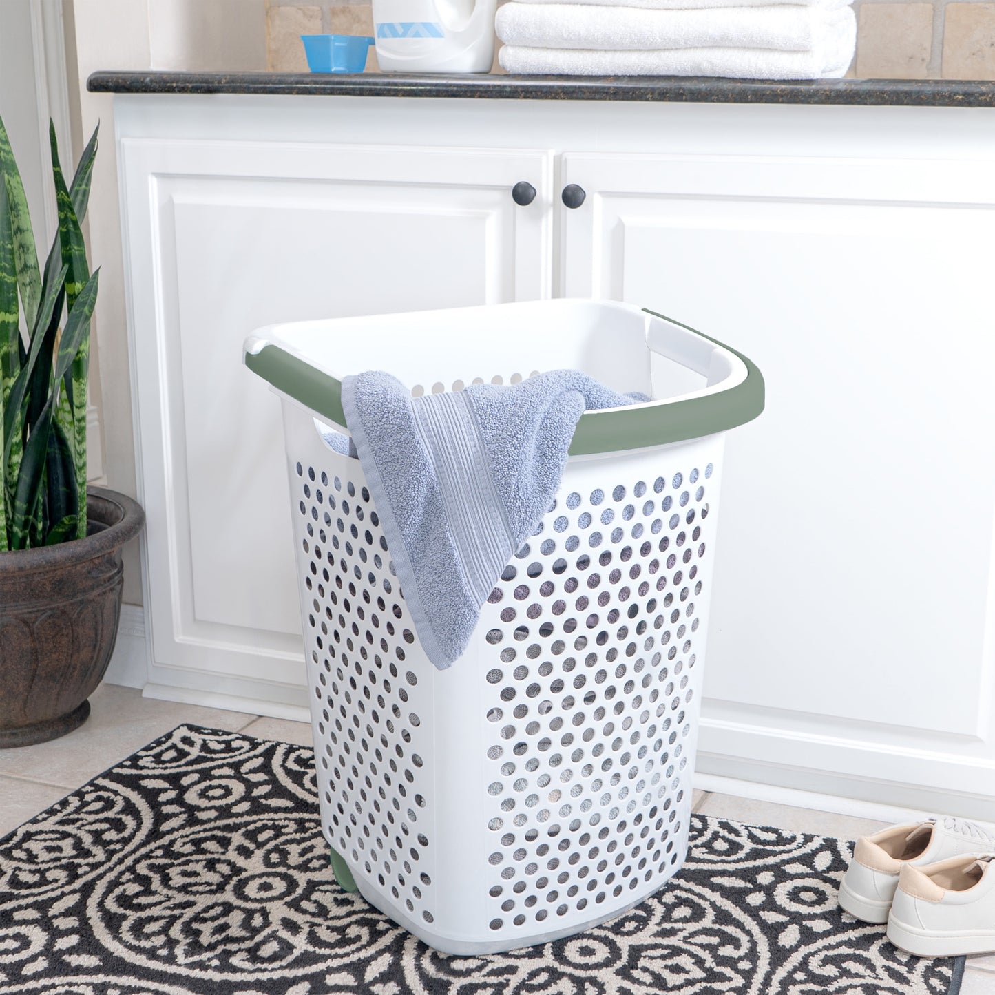 Home Logic 2 Bushel Rolling Plastic Laundry Hamper with Pop-up Handle,White,2 Pc
