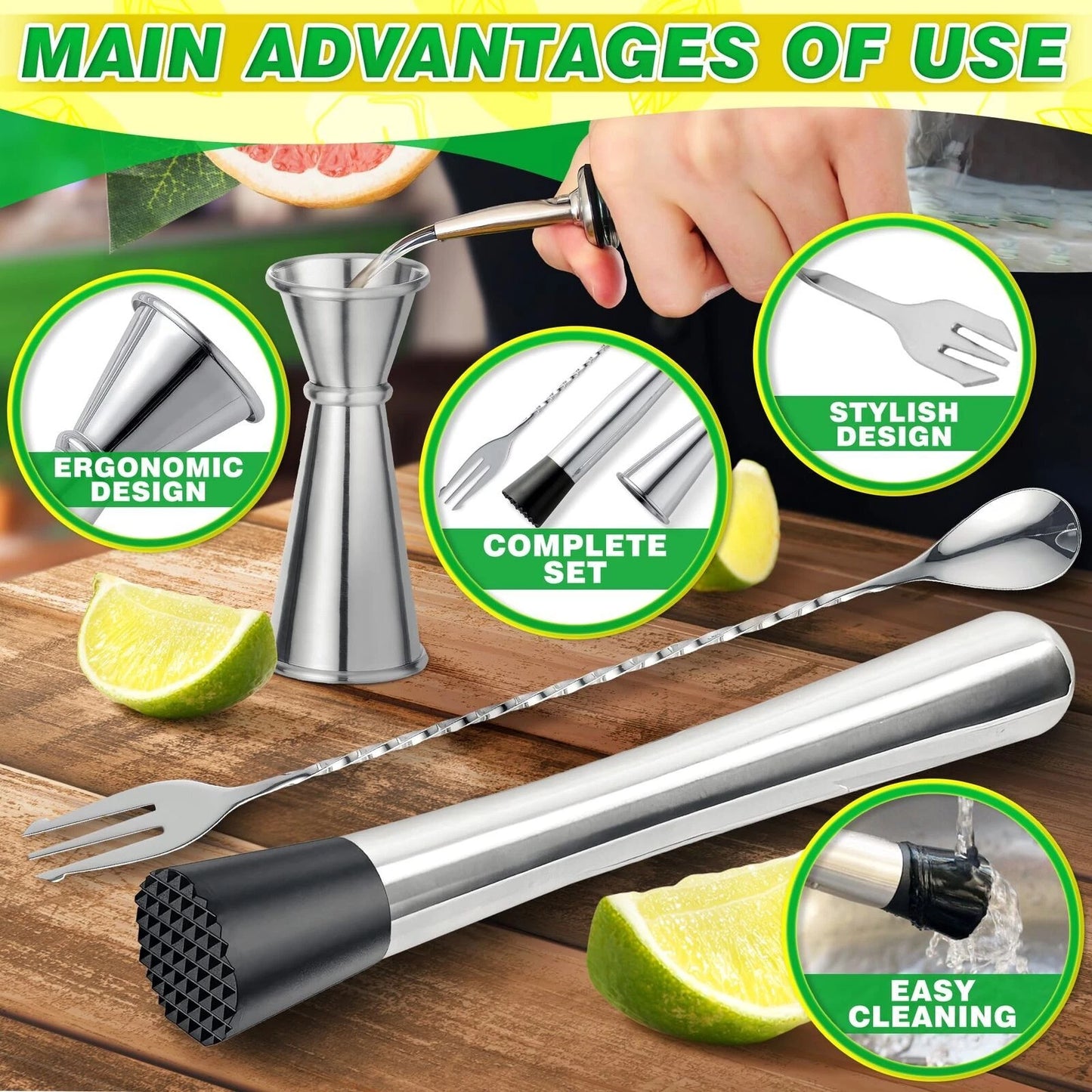 Stainless Steel Muddler Cocktail Spoon Set-Bar Muddler for Cocktail Tool Stirrer