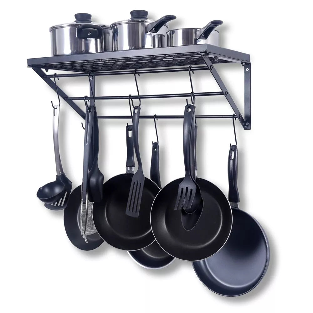 Black Metal Rectangular Wall Mounted Kitchen Pot Rack with 10 Hanging Hooks
